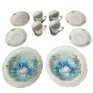 Vintage White Swan Porcelain Espresso Cups Saucers Set 4 + 2 Plates Unmarked